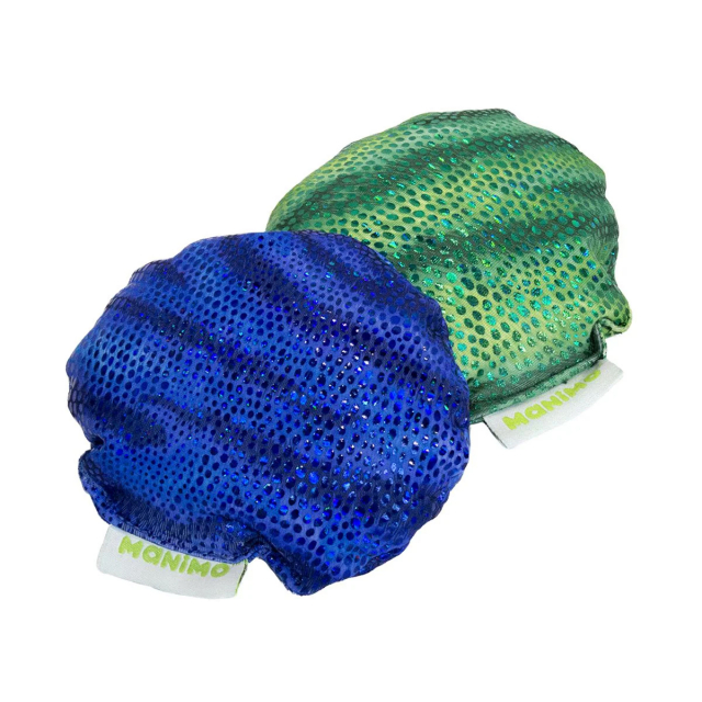 Mjuk måneformad bönpåse med glittrande yta för taktil stimulans.