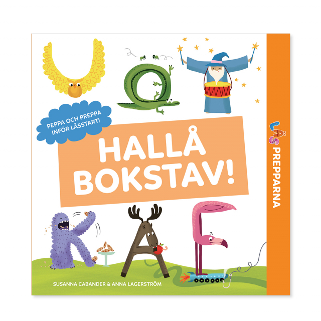 Barnbok med färgglada bokstäver och figurer som lär ut bokstävernas ljud och form.